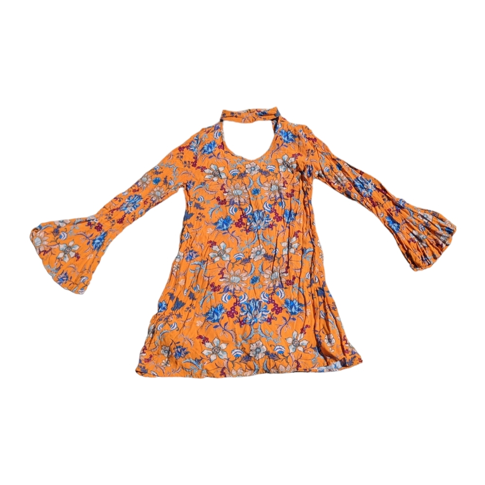Orange and Blue Floral Aline Swing Minidress Keyhole Neckline Cutout Size Medium